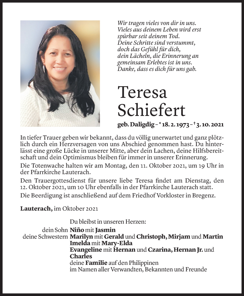  Todesanzeige für Teresa Schiefert vom 08.10.2021 aus Vorarlberger Nachrichten