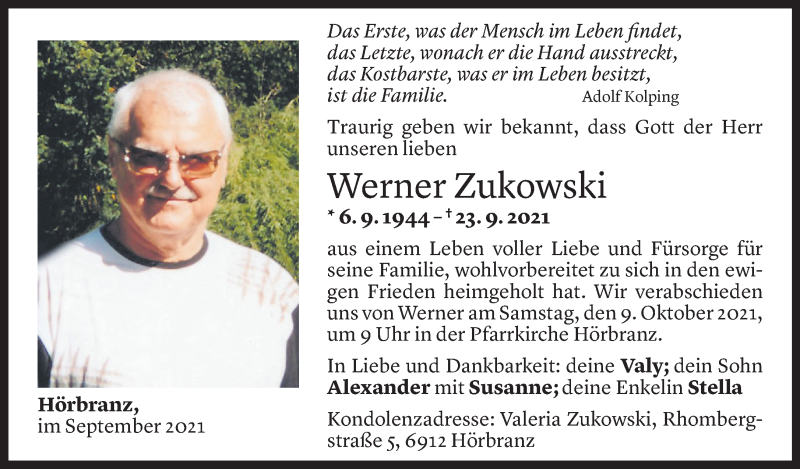  Todesanzeige für Werner Zukowski vom 05.10.2021 aus Vorarlberger Nachrichten