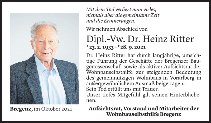  Todesanzeige für Heinz Ritter vom 04.10.2021 aus Vorarlberger Nachrichten