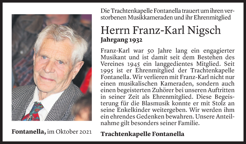  Todesanzeige für Franz-Karl Nigsch vom 08.10.2021 aus Vorarlberger Nachrichten