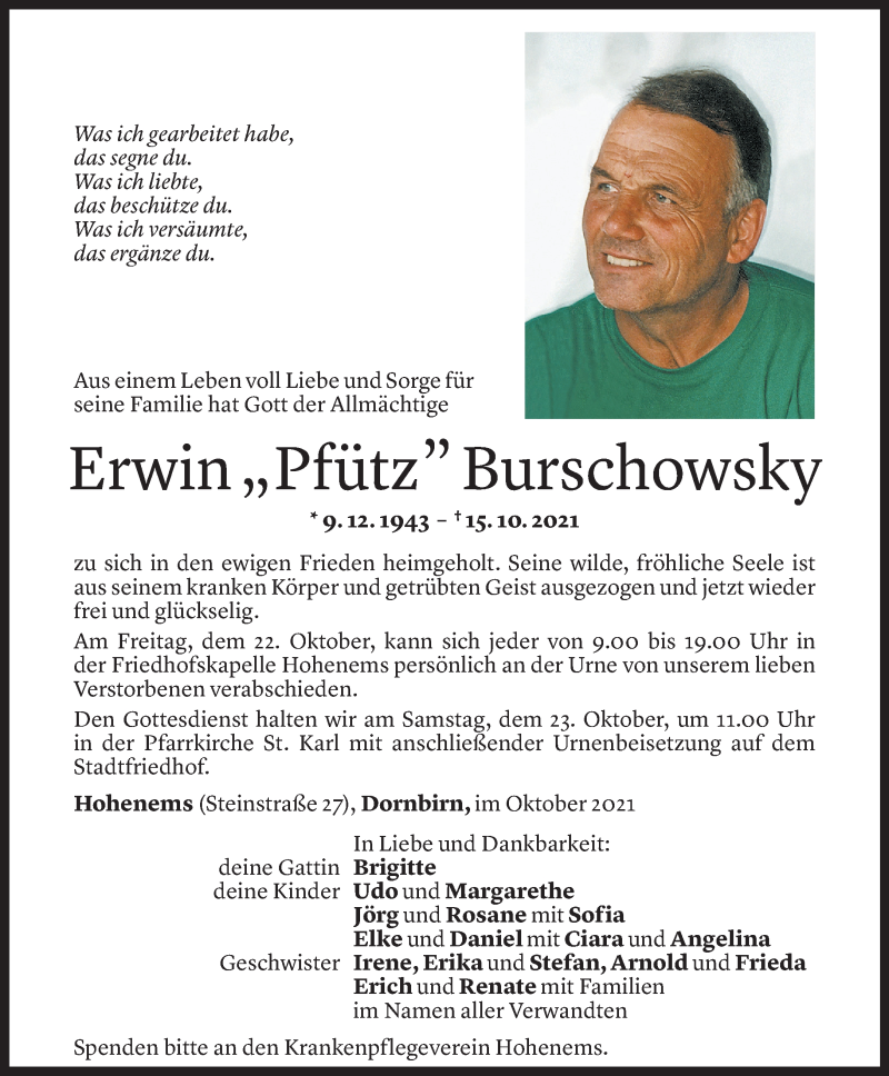  Todesanzeige für Erwin Burschowsky vom 20.10.2021 aus Vorarlberger Nachrichten