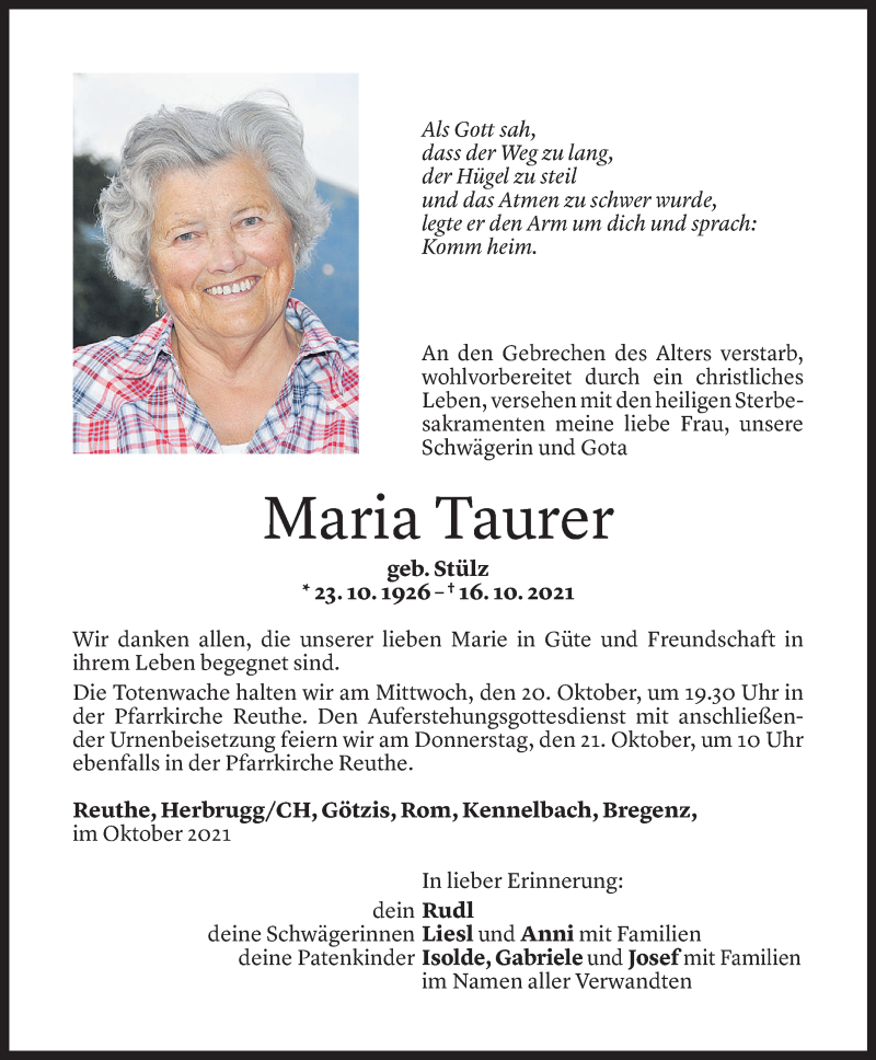  Todesanzeige für Maria Taurer vom 18.10.2021 aus Vorarlberger Nachrichten