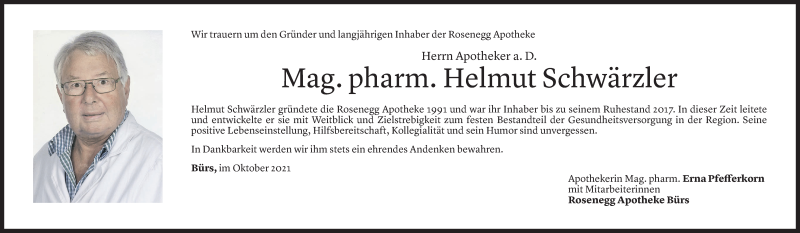  Todesanzeige für Helmut Schwärzler vom 09.10.2021 aus Vorarlberger Nachrichten
