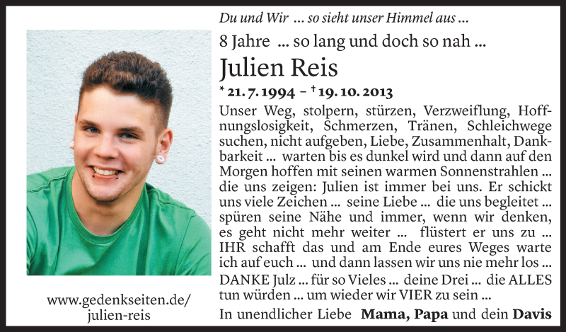  Todesanzeige für Julien Reis vom 19.10.2021 aus Vorarlberger Nachrichten