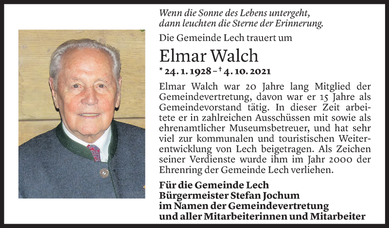  Todesanzeige für Elmar Walch vom 08.10.2021 aus Vorarlberger Nachrichten