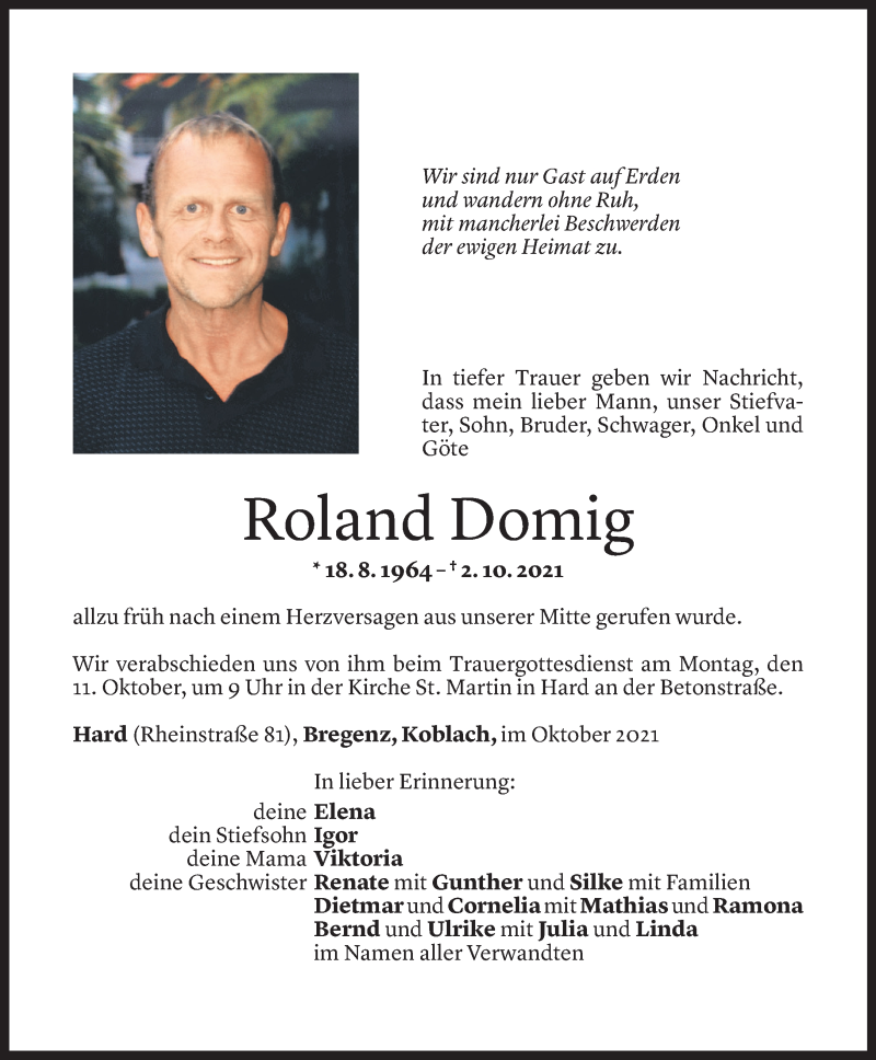  Todesanzeige für Roland Domig vom 06.10.2021 aus Vorarlberger Nachrichten