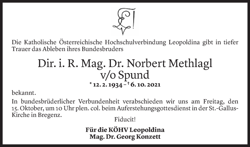  Todesanzeige für Norbert Methlagl vom 11.10.2021 aus Vorarlberger Nachrichten