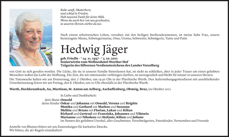 Todesanzeige für Hedwig Jäger vom 05.10.2021 aus Vorarlberger Nachrichten