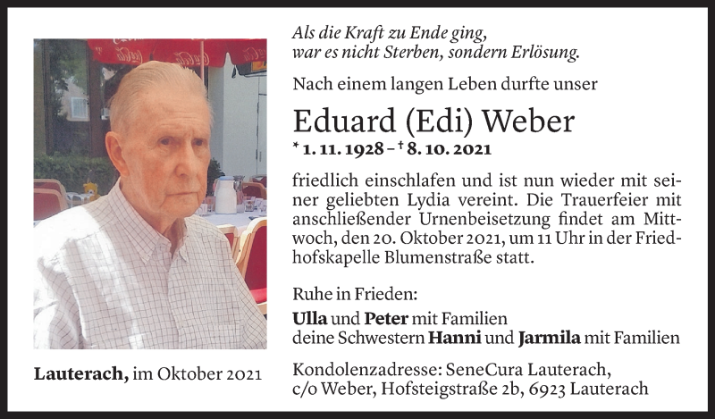  Todesanzeige für Eduard Weber vom 14.10.2021 aus Vorarlberger Nachrichten