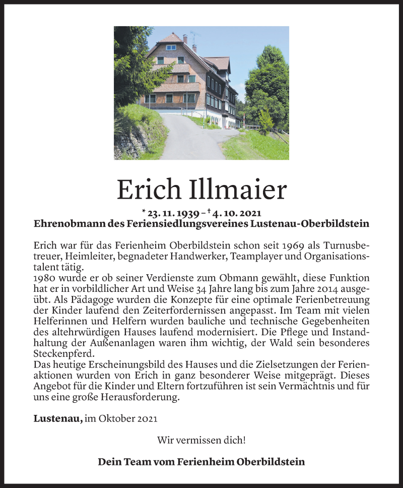  Todesanzeige für Erich Illmaier vom 09.10.2021 aus Vorarlberger Nachrichten