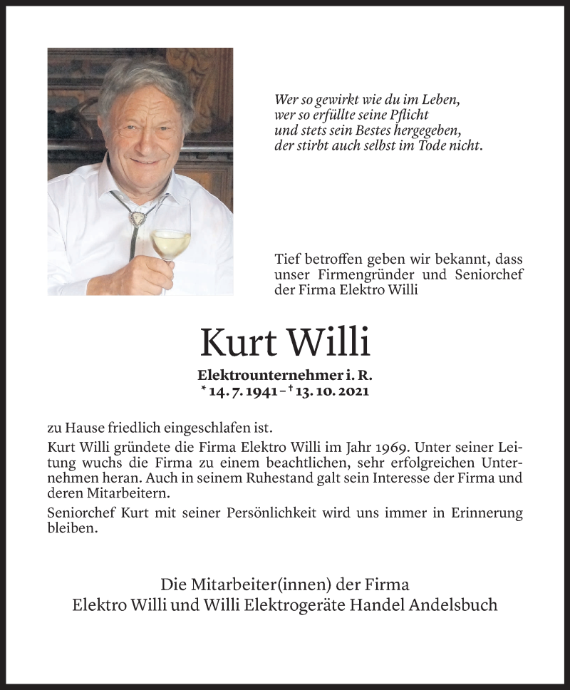  Todesanzeige für Kurt Willi vom 15.10.2021 aus Vorarlberger Nachrichten