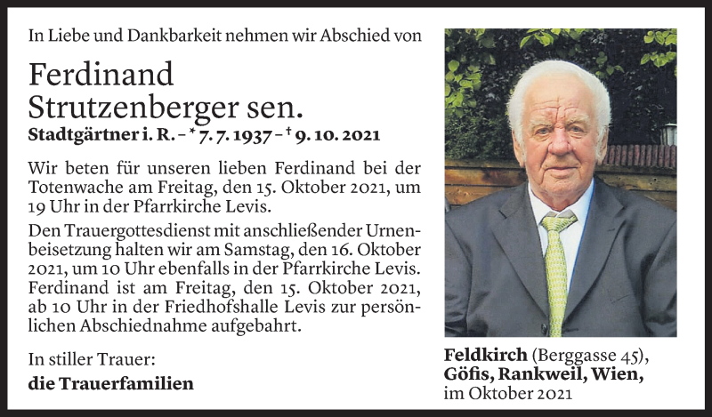  Todesanzeige für Ferdinand Strutzenberger vom 12.10.2021 aus Vorarlberger Nachrichten