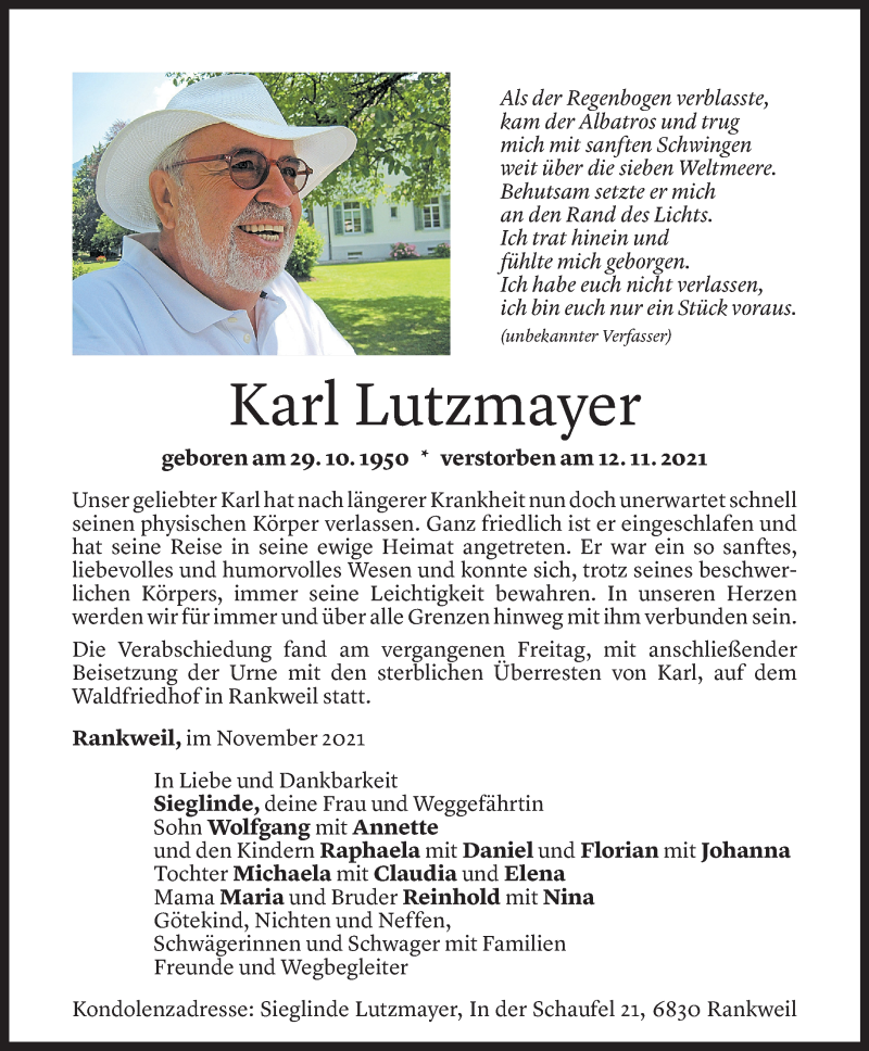  Todesanzeige für Karl Lutzmayer vom 24.11.2021 aus Vorarlberger Nachrichten