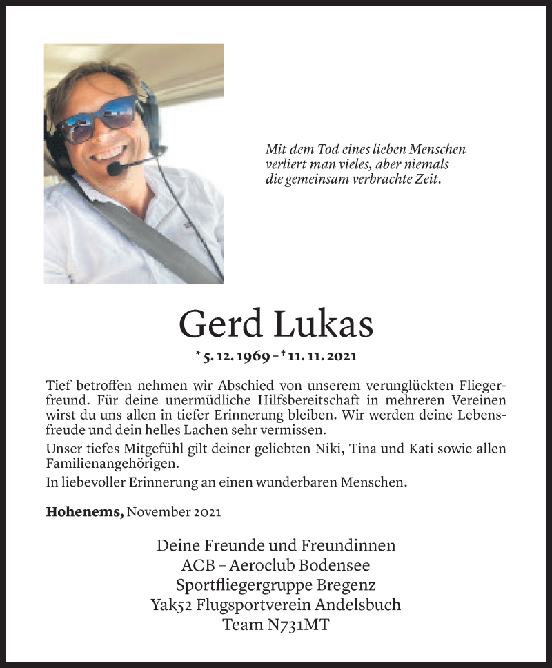  Todesanzeige für Gerd Lukas vom 16.11.2021 aus Vorarlberger Nachrichten