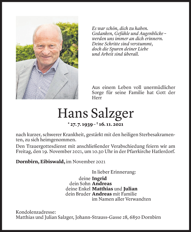  Todesanzeige für Hans Salzger vom 17.11.2021 aus Vorarlberger Nachrichten