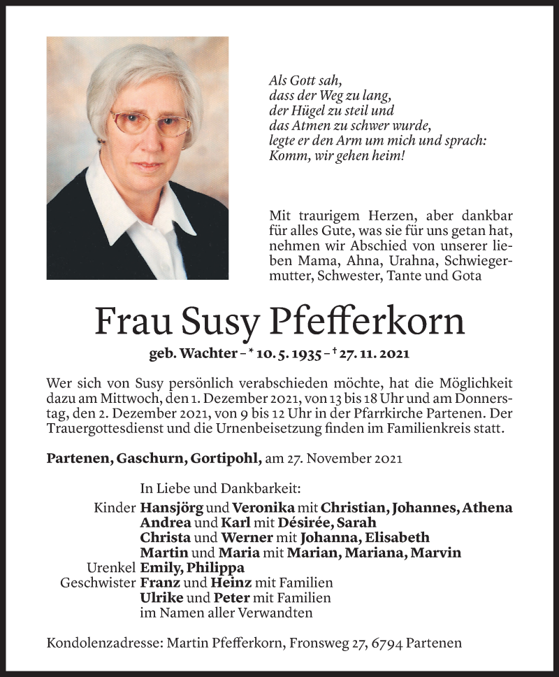  Todesanzeige für Susy Pfefferkorn vom 30.11.2021 aus Vorarlberger Nachrichten