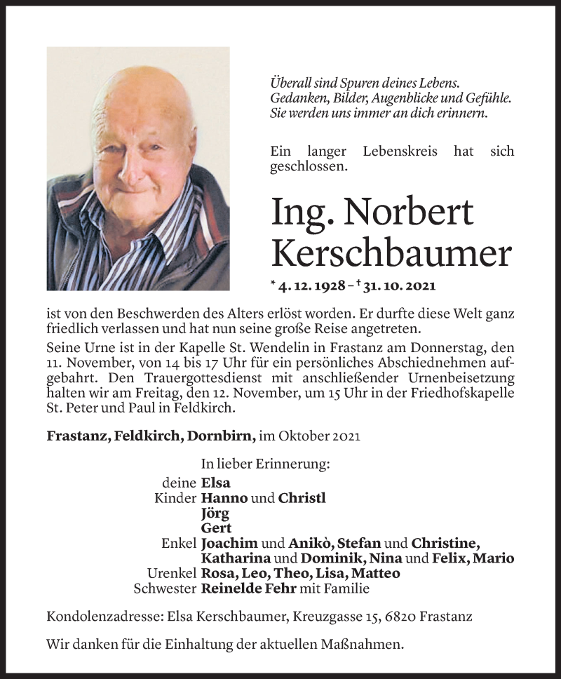  Todesanzeige für Norbert Kerschbaumer vom 08.11.2021 aus Vorarlberger Nachrichten