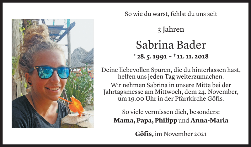  Todesanzeige für Sabrina Bader vom 11.11.2021 aus Vorarlberger Nachrichten
