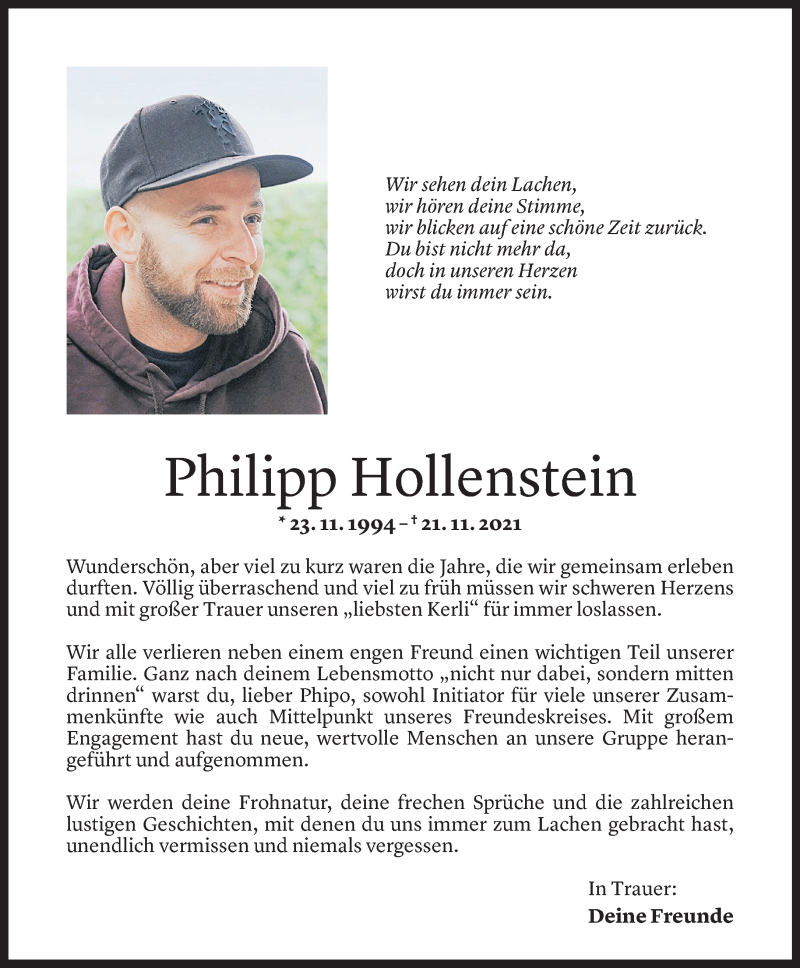 Todesanzeige für Philipp Hollenstein vom 25.11.2021 aus Vorarlberger Nachrichten