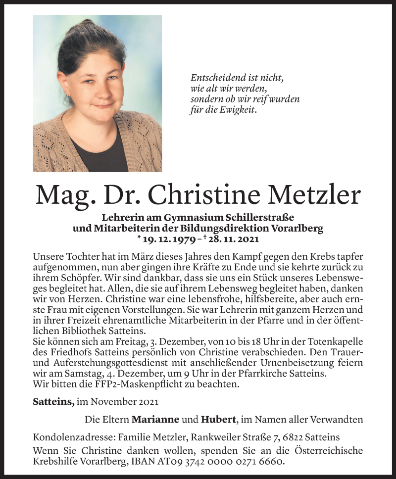  Todesanzeige für Christine Metzler vom 30.11.2021 aus Vorarlberger Nachrichten