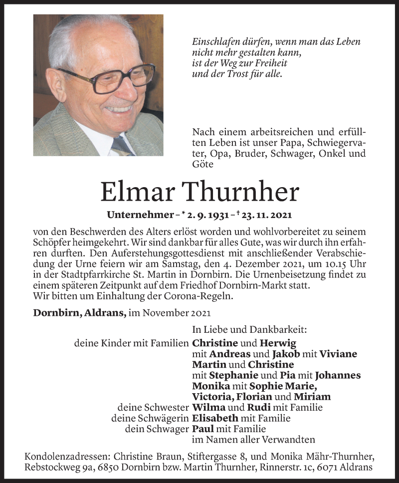  Todesanzeige für Elmar Thurnher vom 30.11.2021 aus Vorarlberger Nachrichten