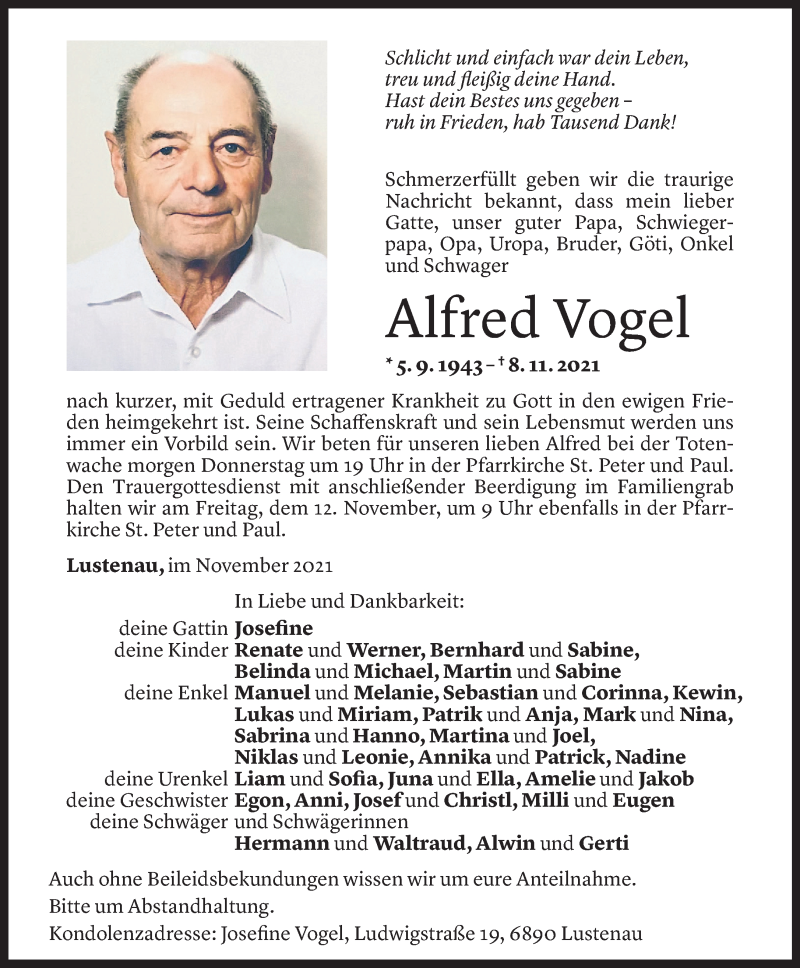  Todesanzeige für Alfred Vogel vom 09.11.2021 aus Vorarlberger Nachrichten