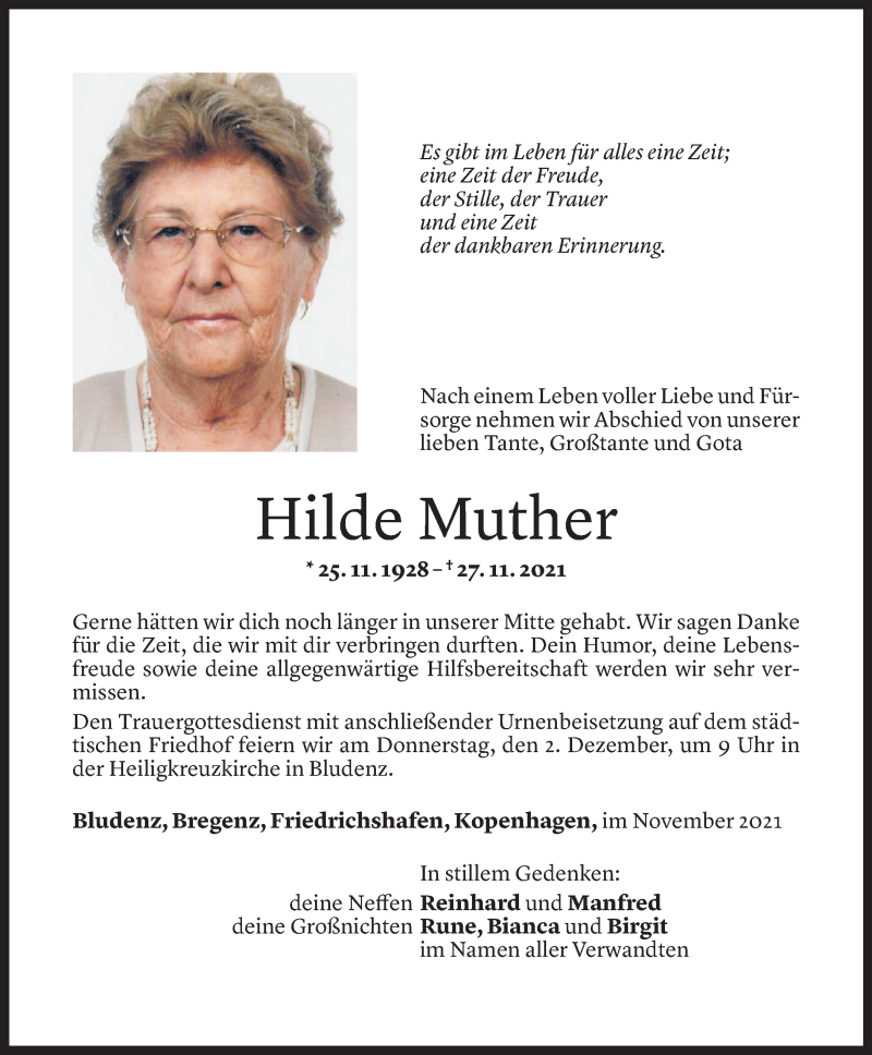 Todesanzeige für Hilde Muther vom 29.11.2021 aus Vorarlberger Nachrichten