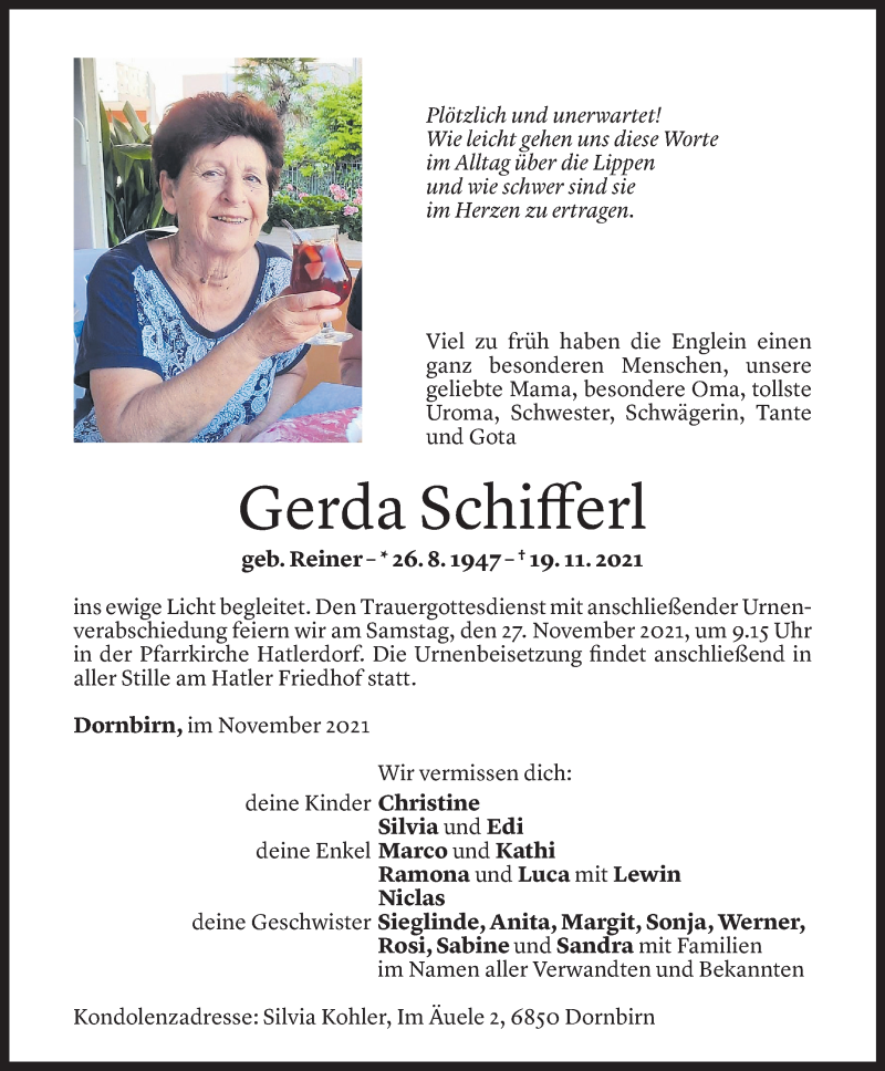  Todesanzeige für Gerda Schifferl vom 23.11.2021 aus Vorarlberger Nachrichten