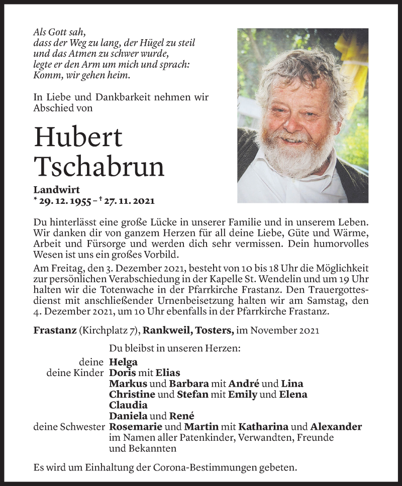  Todesanzeige für Hubert Tschabrun vom 30.11.2021 aus Vorarlberger Nachrichten