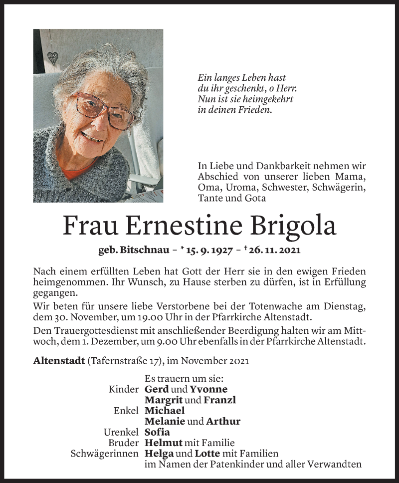  Todesanzeige für Ernestine Brigola vom 29.11.2021 aus Vorarlberger Nachrichten