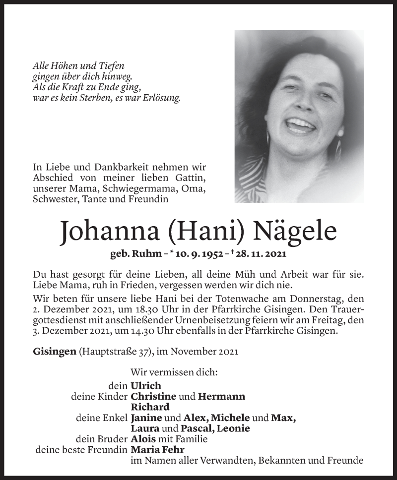  Todesanzeige für Johanna Nägele vom 30.11.2021 aus Vorarlberger Nachrichten