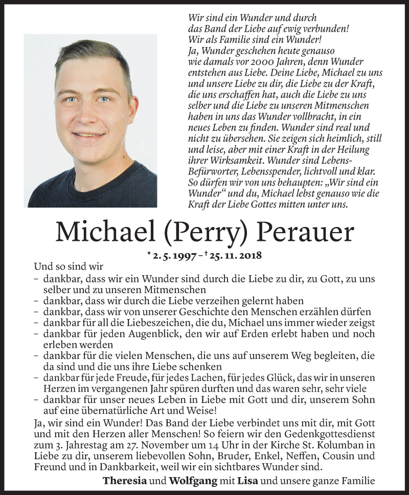  Todesanzeige für Michael Perauer vom 25.11.2021 aus Vorarlberger Nachrichten