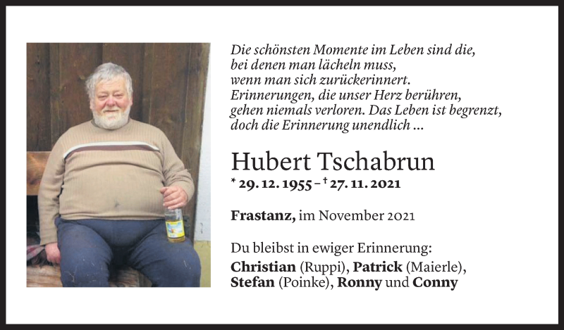  Todesanzeige für Hubert Tschabrun vom 30.11.2021 aus Vorarlberger Nachrichten