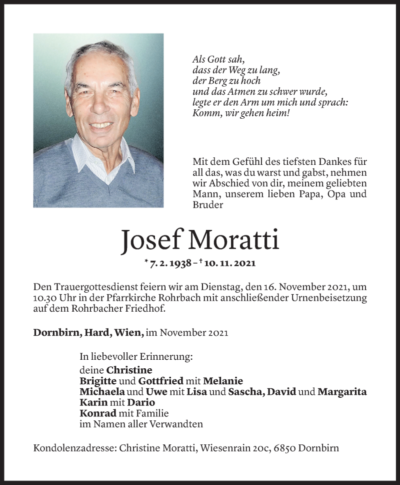  Todesanzeige für Josef Moratti vom 12.11.2021 aus Vorarlberger Nachrichten