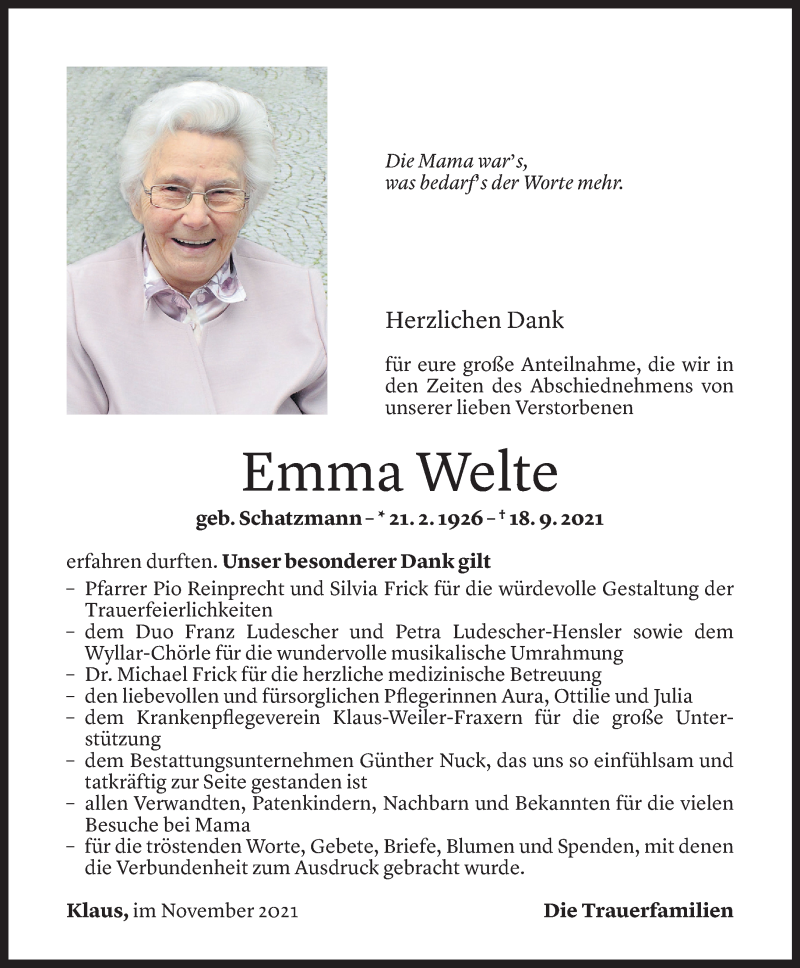  Todesanzeige für Emma Welte vom 05.11.2021 aus Vorarlberger Nachrichten