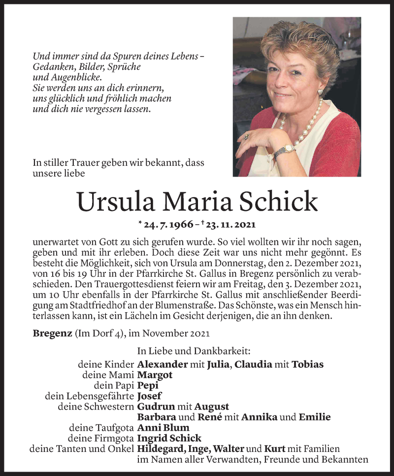  Todesanzeige für Ursula Maria Schick vom 29.11.2021 aus Vorarlberger Nachrichten