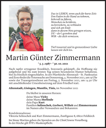 Todesanzeige von Martin Günter Zimmermann von Vorarlberger Nachrichten