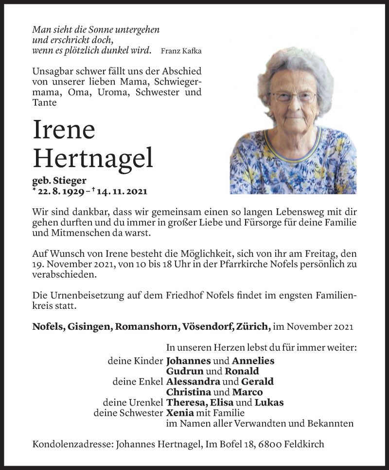  Todesanzeige für Irene Hertnagel vom 17.11.2021 aus Vorarlberger Nachrichten