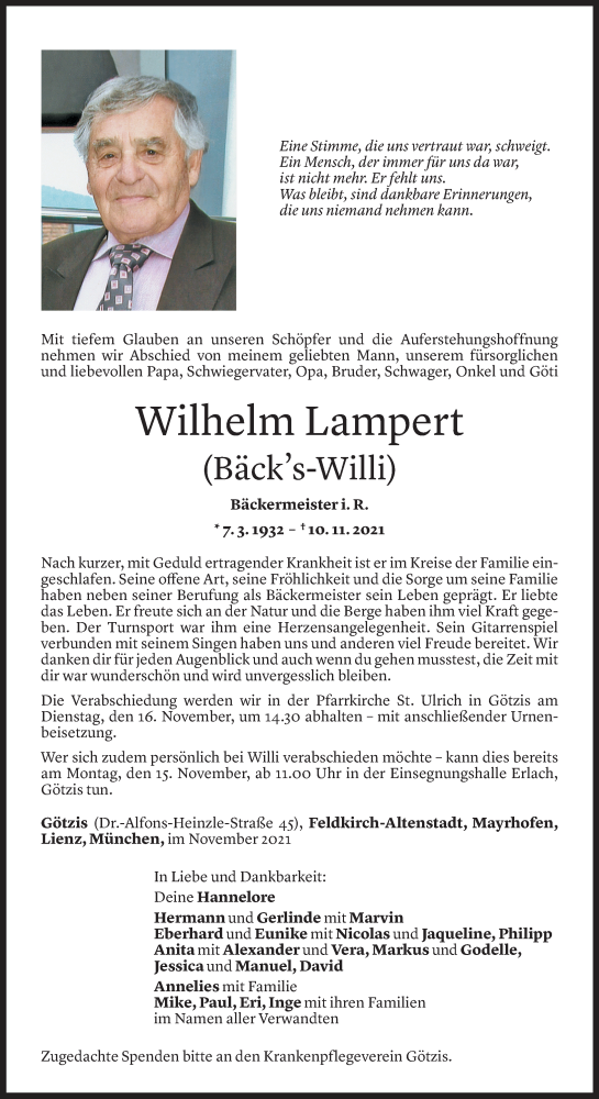  Todesanzeige für Wilhelm Lampert vom 13.11.2021 aus Vorarlberger Nachrichten