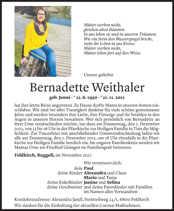 Todesanzeige von Bernadette Weithaler von Vorarlberger Nachrichten