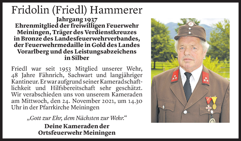  Todesanzeige für Fridolin Hammerer vom 20.11.2021 aus Vorarlberger Nachrichten