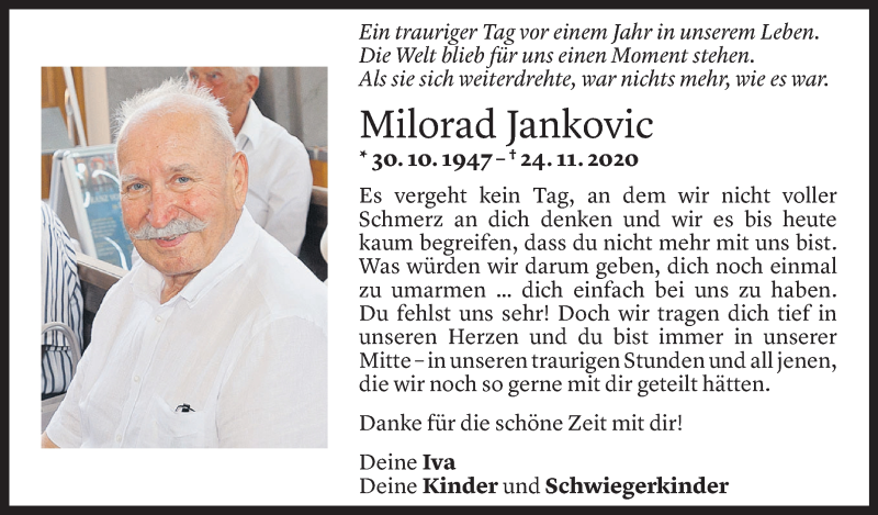  Todesanzeige für Milorad Jankovic vom 19.11.2021 aus Vorarlberger Nachrichten
