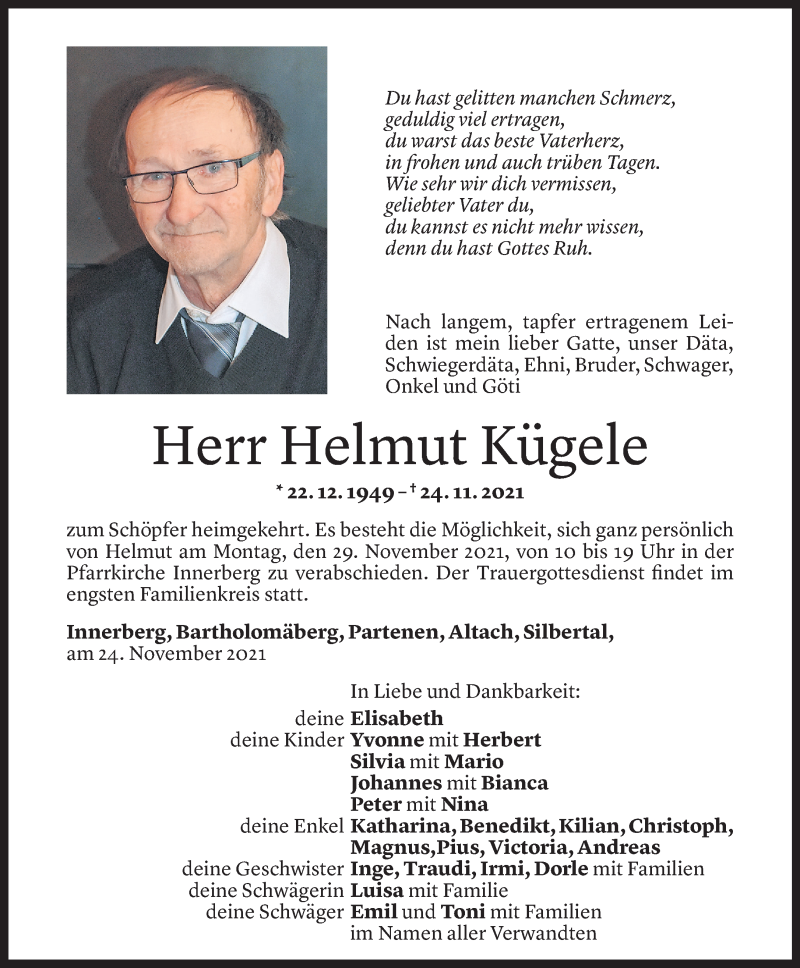  Todesanzeige für Helmut Kügele vom 26.11.2021 aus Vorarlberger Nachrichten