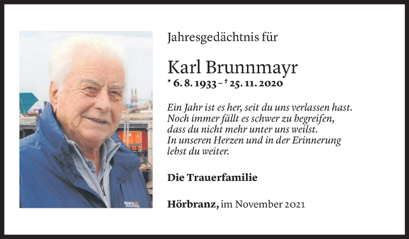  Todesanzeige für Karl Brunnmayr vom 24.11.2021 aus Vorarlberger Nachrichten