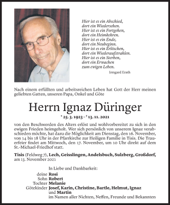 Todesanzeige von Ignaz Düringer von Vorarlberger Nachrichten
