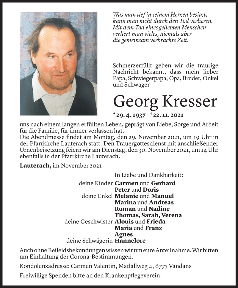  Todesanzeige für Georg Kresser vom 25.11.2021 aus 