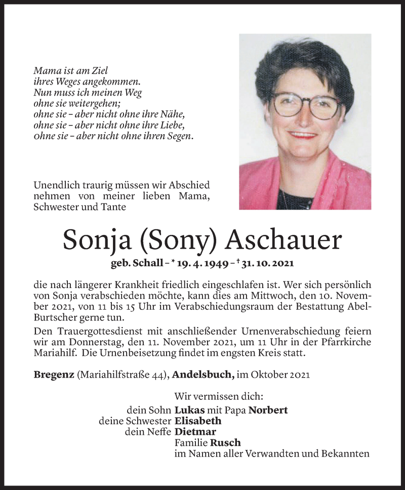  Todesanzeige für Sonja Aschauer vom 05.11.2021 aus Vorarlberger Nachrichten