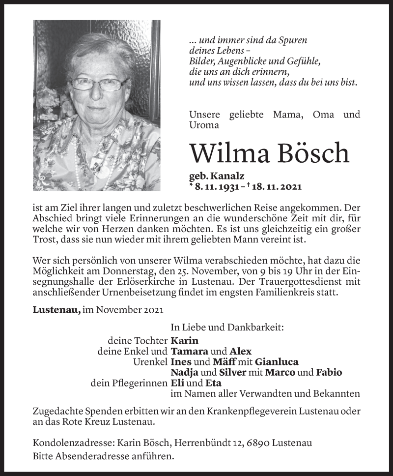  Todesanzeige für Wilma Bösch vom 23.11.2021 aus Vorarlberger Nachrichten