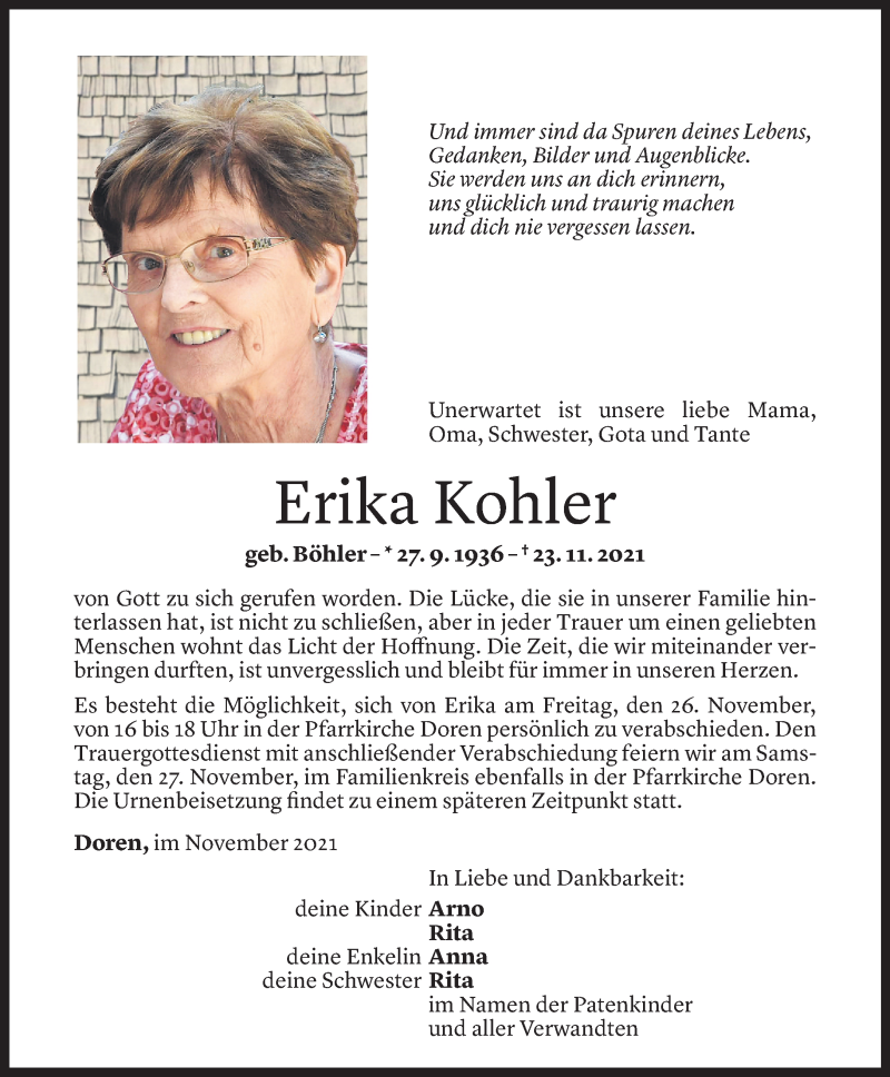  Todesanzeige für Erika Kohler vom 24.11.2021 aus Vorarlberger Nachrichten