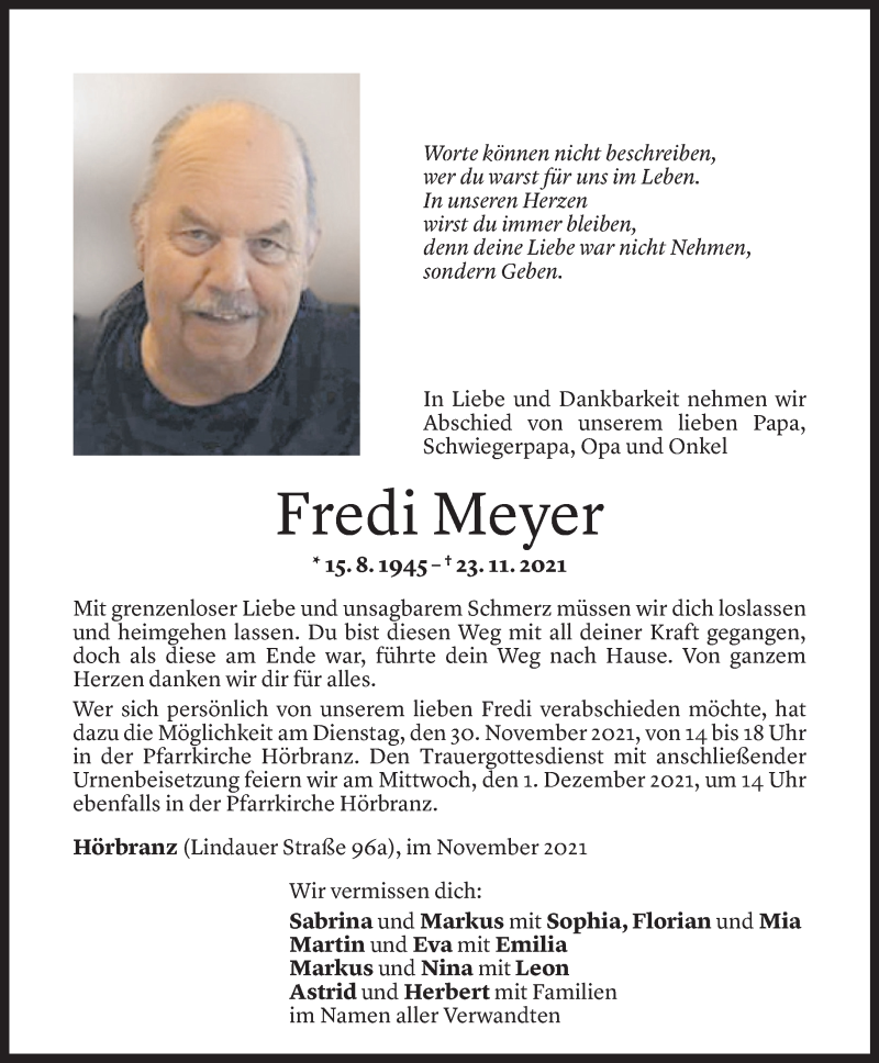  Todesanzeige für Fredi Meyer vom 27.11.2021 aus Vorarlberger Nachrichten